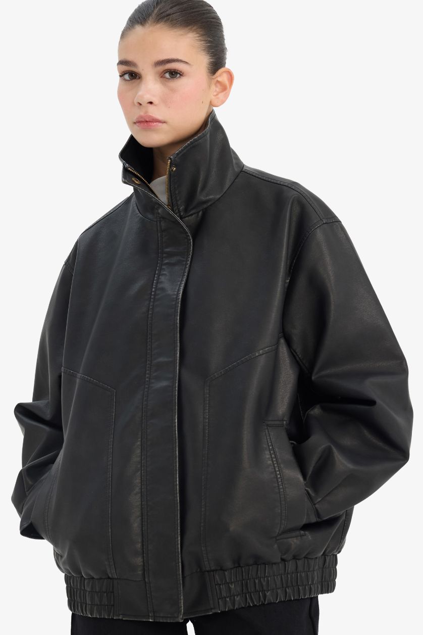 Kadın Siyah Dad Fıt Suni Deri Mont