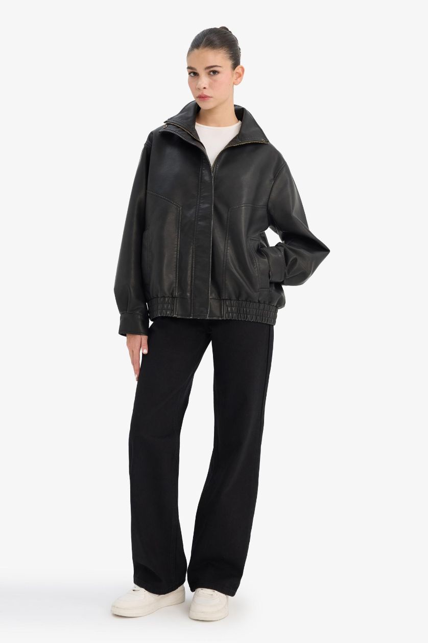 Kadın Siyah Dad Fıt Suni Deri Mont