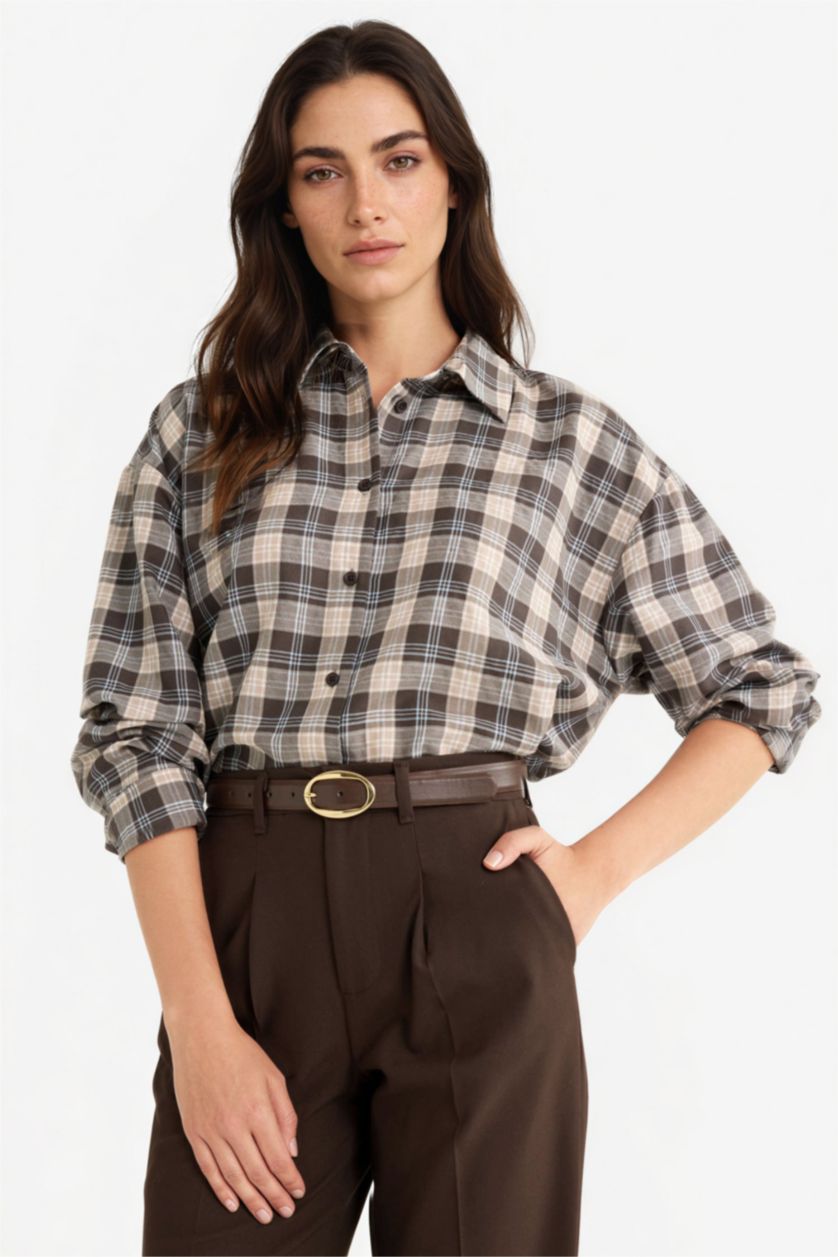 نساء بني قميص كاروهات ردن طويل فلانيل اوفر سايز