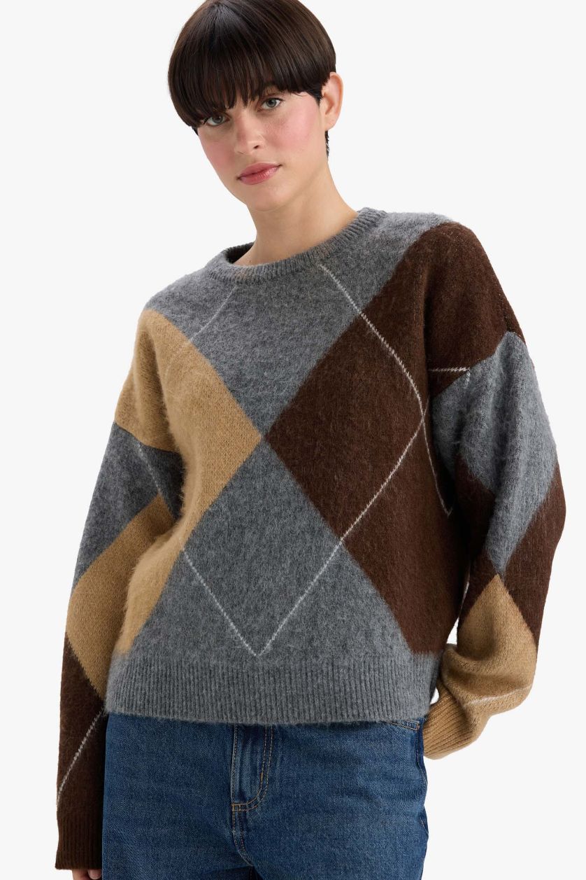 FEMME Anthracite Pull en maille à col rond Coupe décontractée