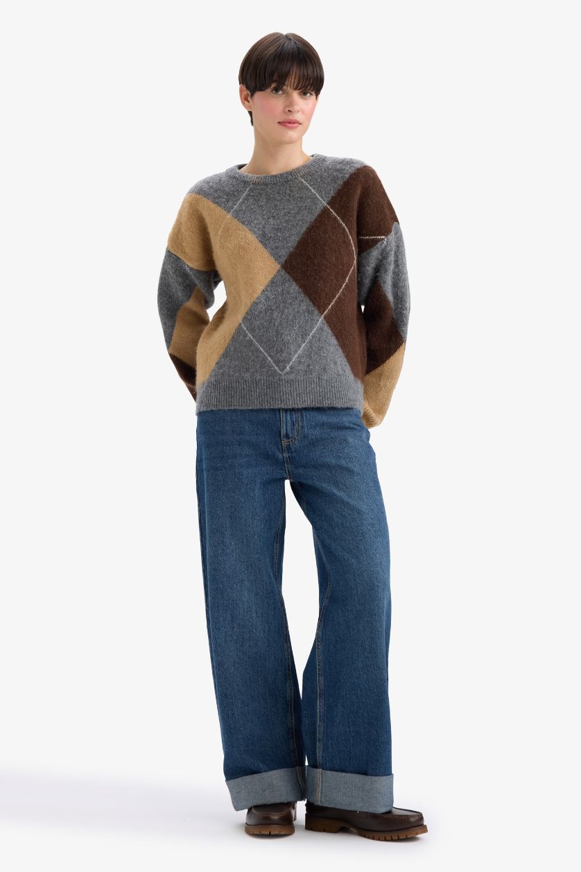 FEMME Anthracite Pull en maille à col rond Coupe décontractée