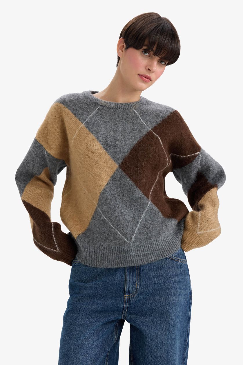 FEMME Anthracite Pull en maille à col rond Coupe décontractée