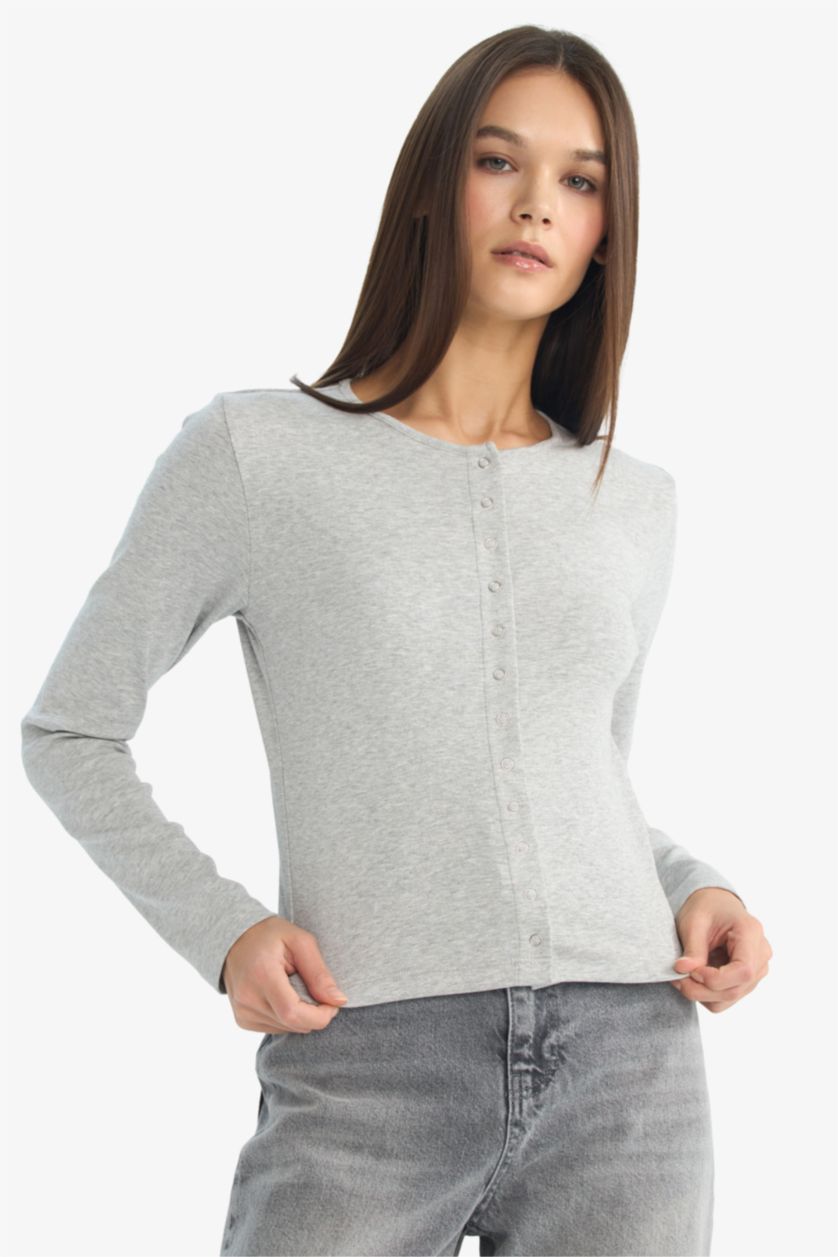 Woman Grey Melange تيشيرت ردن طويل مخصر وياخة مستديرة