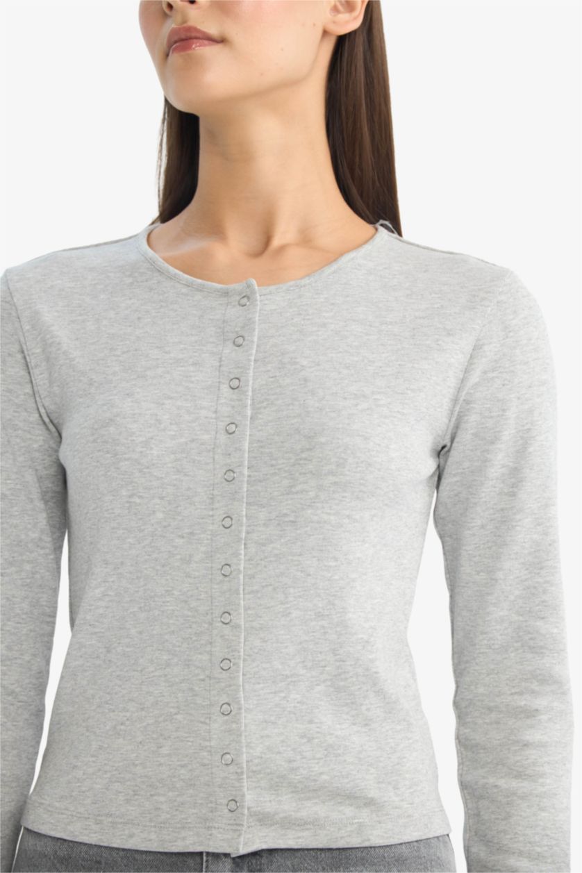 Woman Grey Melange تيشيرت ردن طويل مخصر وياخة مستديرة