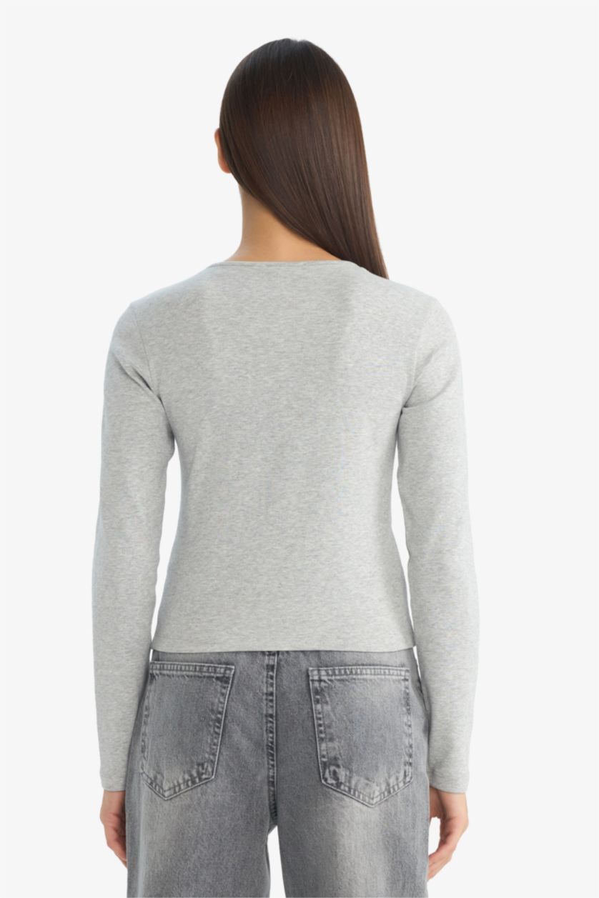 Woman Grey Melange تيشيرت ردن طويل مخصر وياخة مستديرة