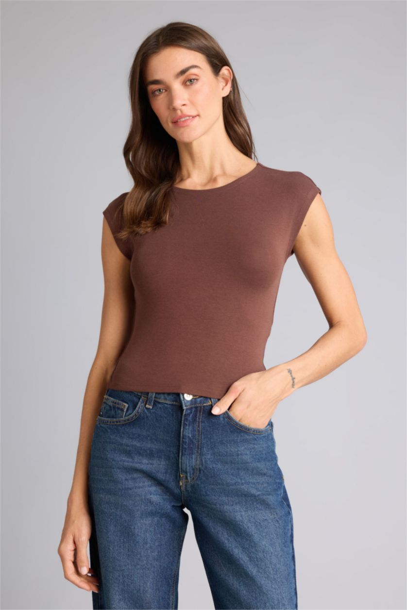 Женщины Коричневый Базовая однотонная футболка Slim Fit из модала с круглым вырезом и коротким рукавом