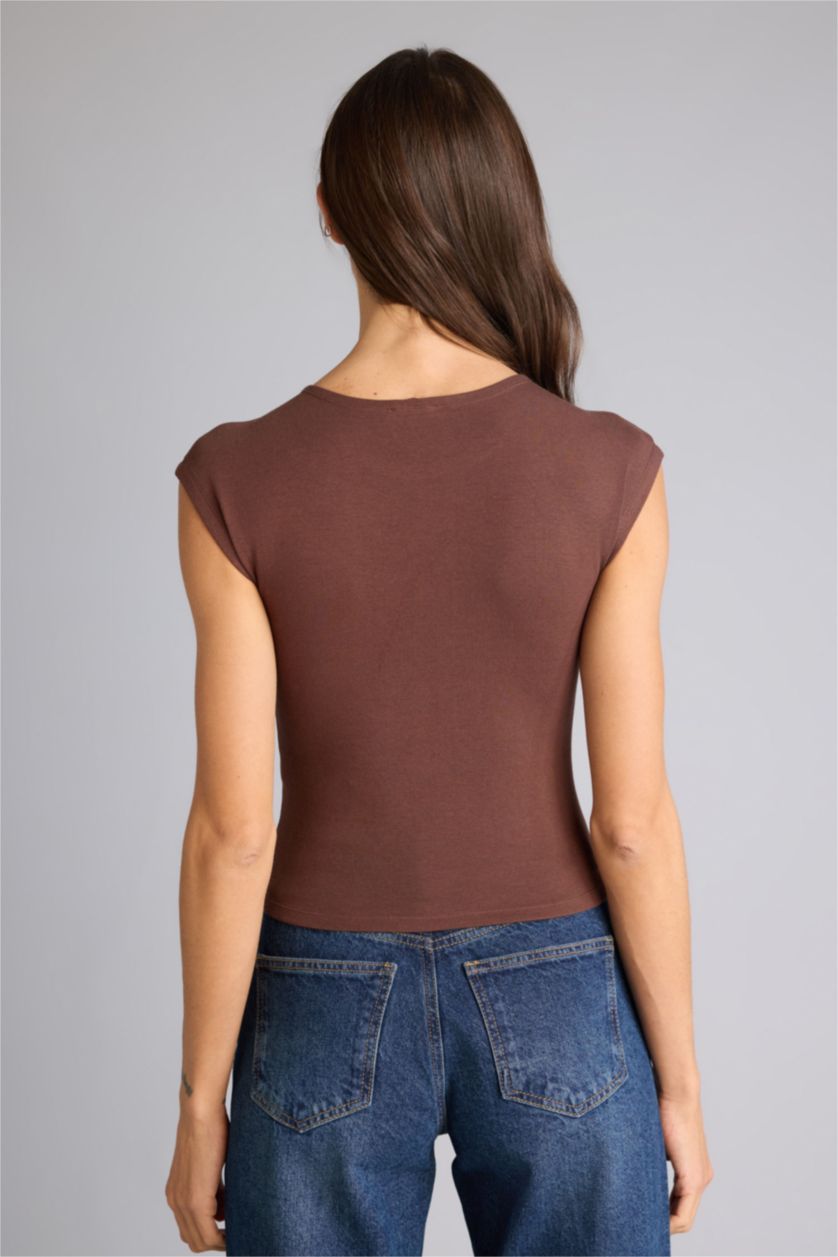 Женщины Коричневый Базовая однотонная футболка Slim Fit из модала с круглым вырезом и коротким рукавом
