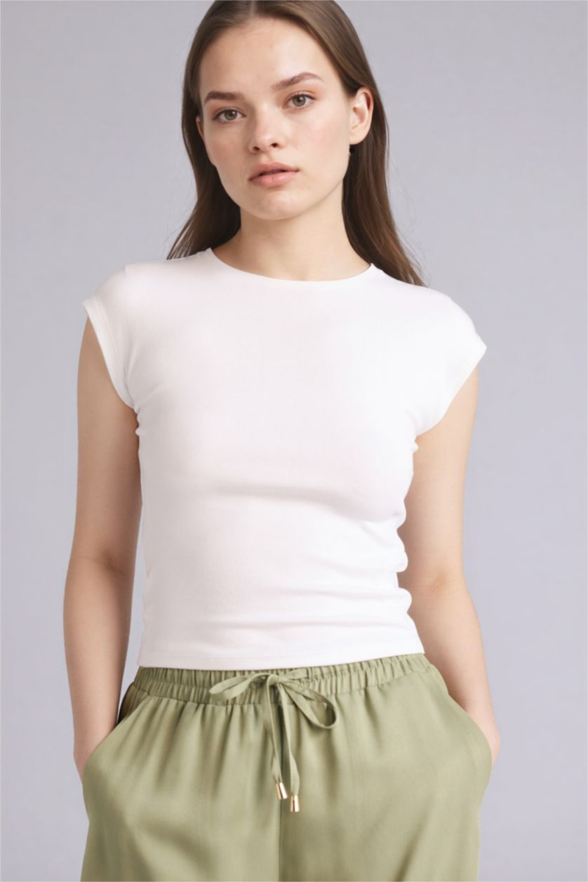 Женщины Белый Базовая однотонная футболка Slim Fit из модала с круглым вырезом и коротким рукавом