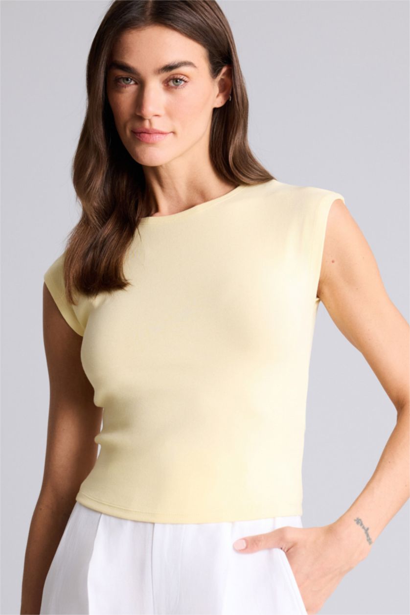 Женщины Светло-желтый Базовая однотонная футболка Slim Fit из модала с круглым вырезом и коротким рукавом