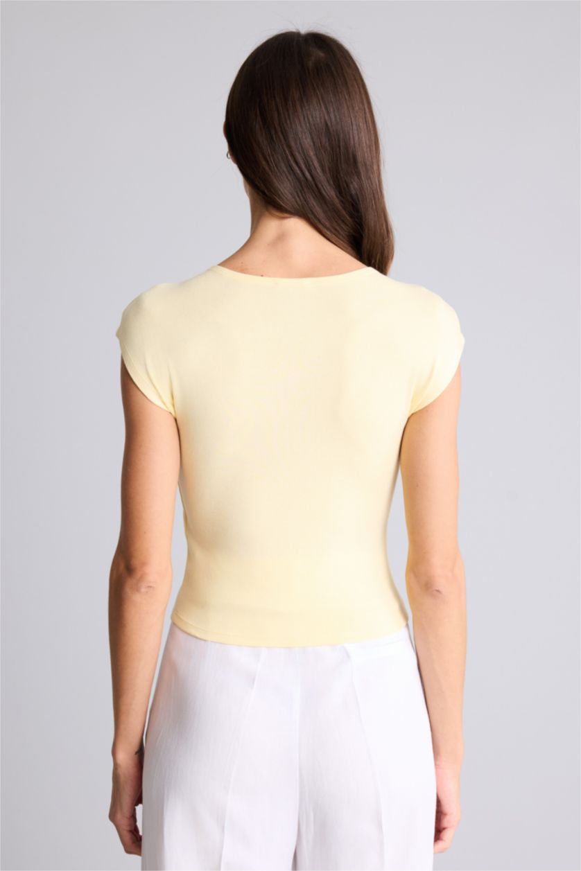 Женщины Светло-желтый Базовая однотонная футболка Slim Fit из модала с круглым вырезом и коротким рукавом