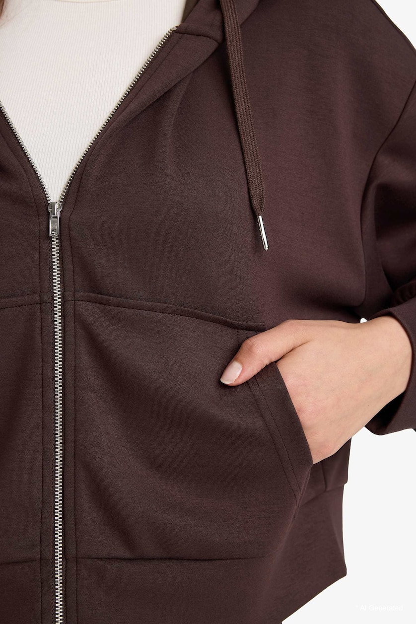 WOMAN Brown Loose Fit Modal Zip-Up Hoodie