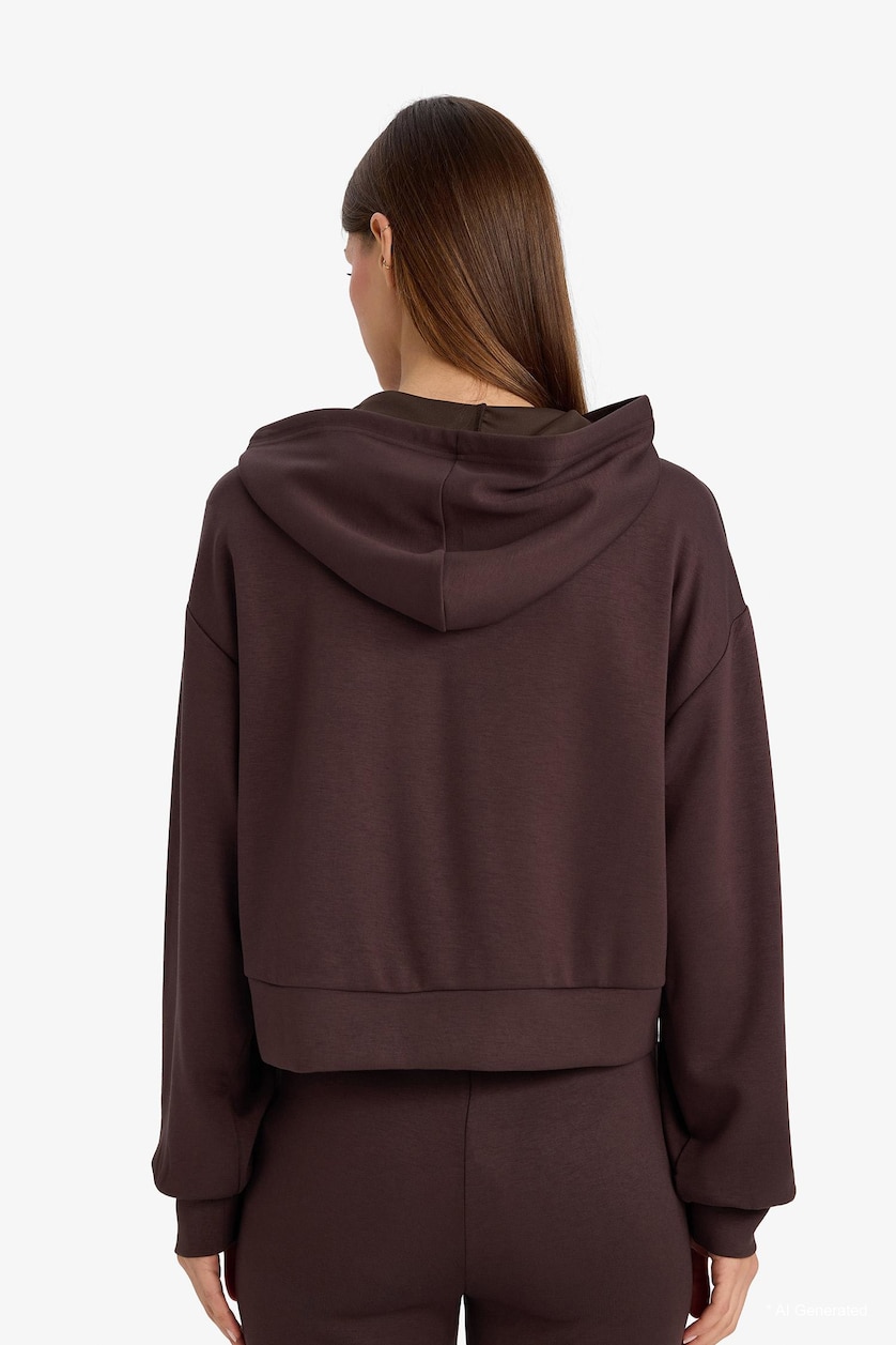 WOMAN Brown Loose Fit Modal Zip-Up Hoodie