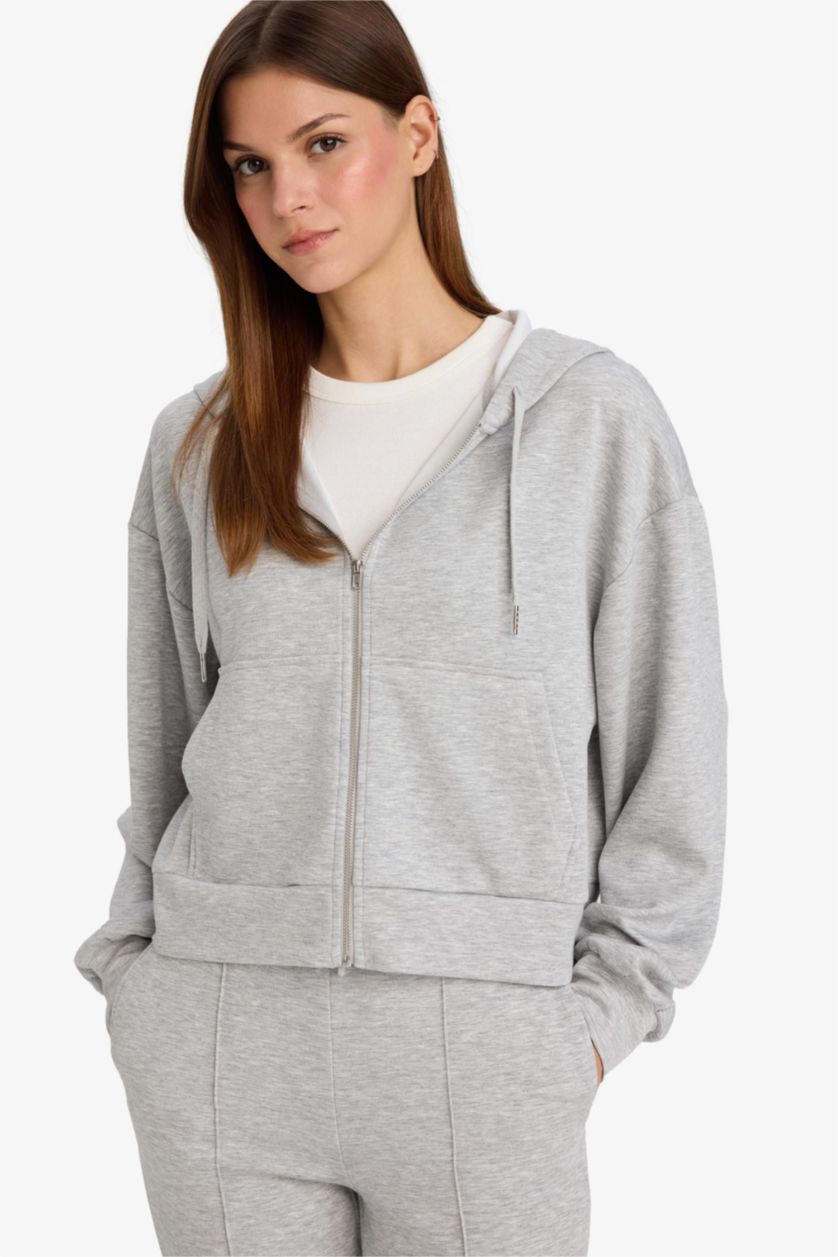 Woman Grey Melange Loose Fit Hooded modal Cardigan