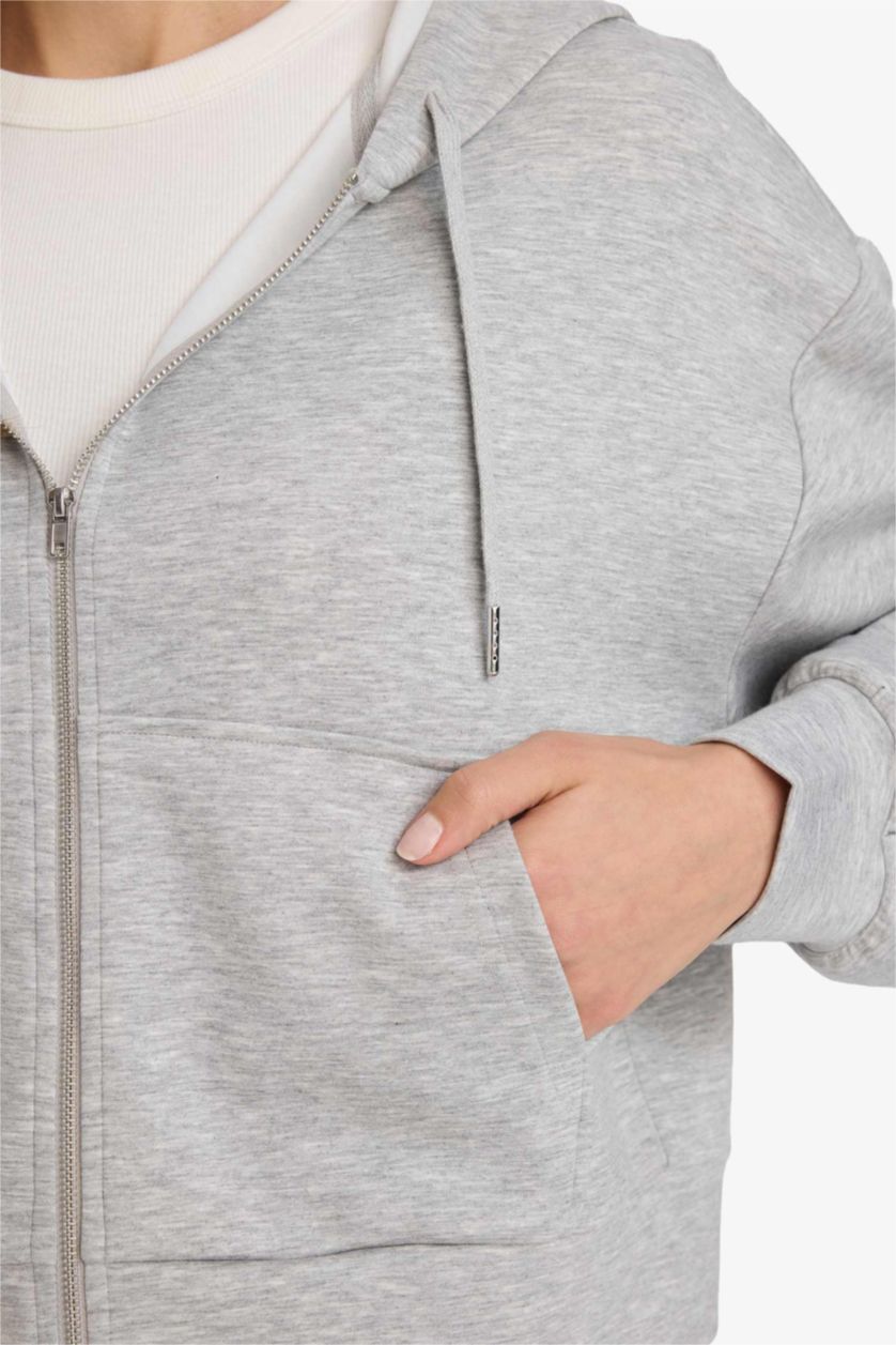 Woman Grey Melange Loose Fit Hooded modal Cardigan