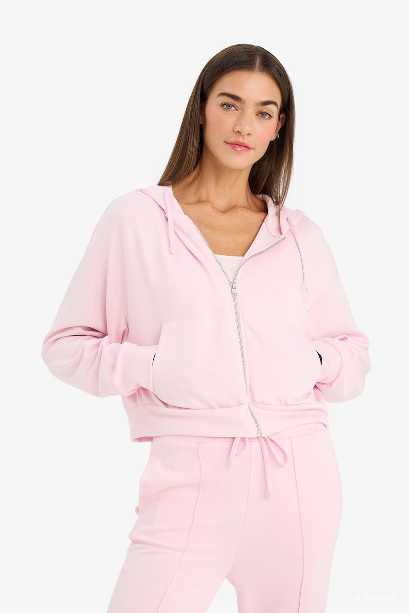 Kadın Açık Pembe Loose Fıt Kapüşonlu Modal Hırka