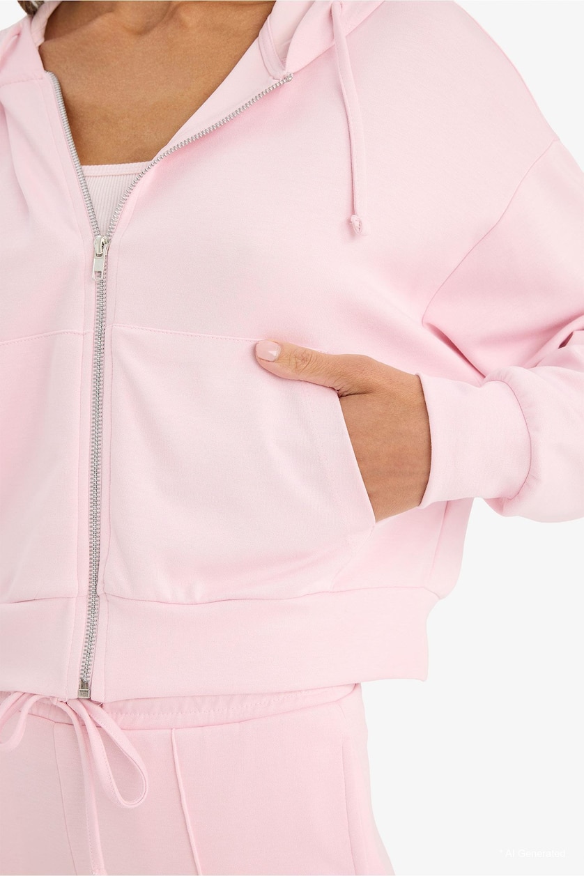 Kadın Açık Pembe Loose Fıt Kapüşonlu Modal Hırka