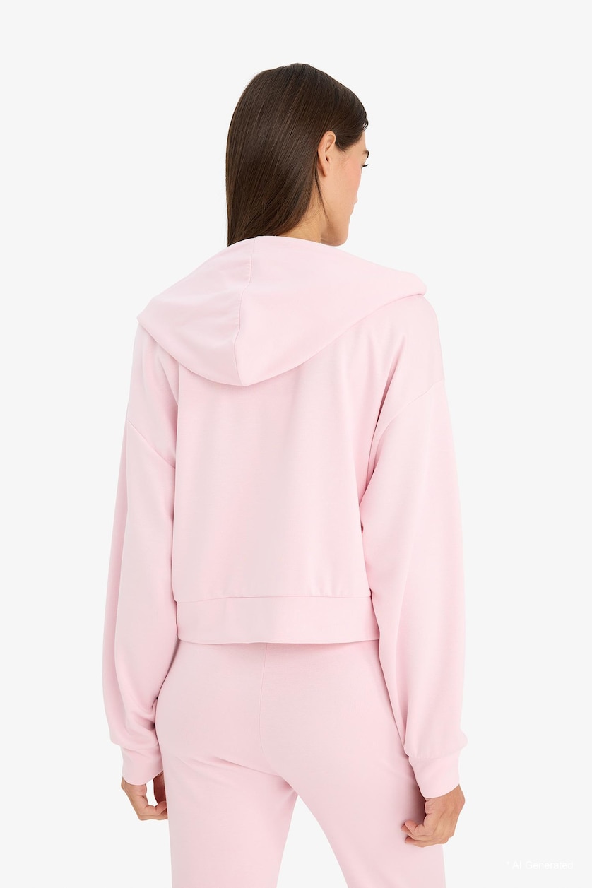 Kadın Açık Pembe Loose Fıt Kapüşonlu Modal Hırka