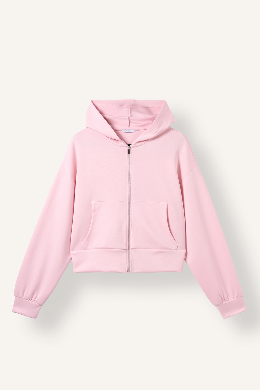 Kadın Açık Pembe Loose Fıt Kapüşonlu Modal Hırka