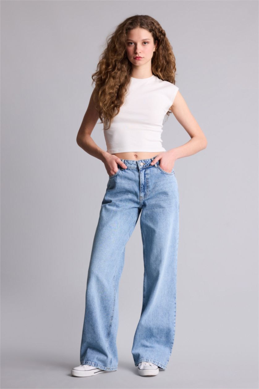 نساء أزرق بنطرون جينز وايد ليج بخصر منخفض