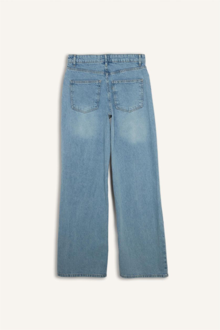 Kadın Açık İndigo Low Rıse Wıdeleg Düşük Bel Uzun Jean Yıkamalı Pantolon