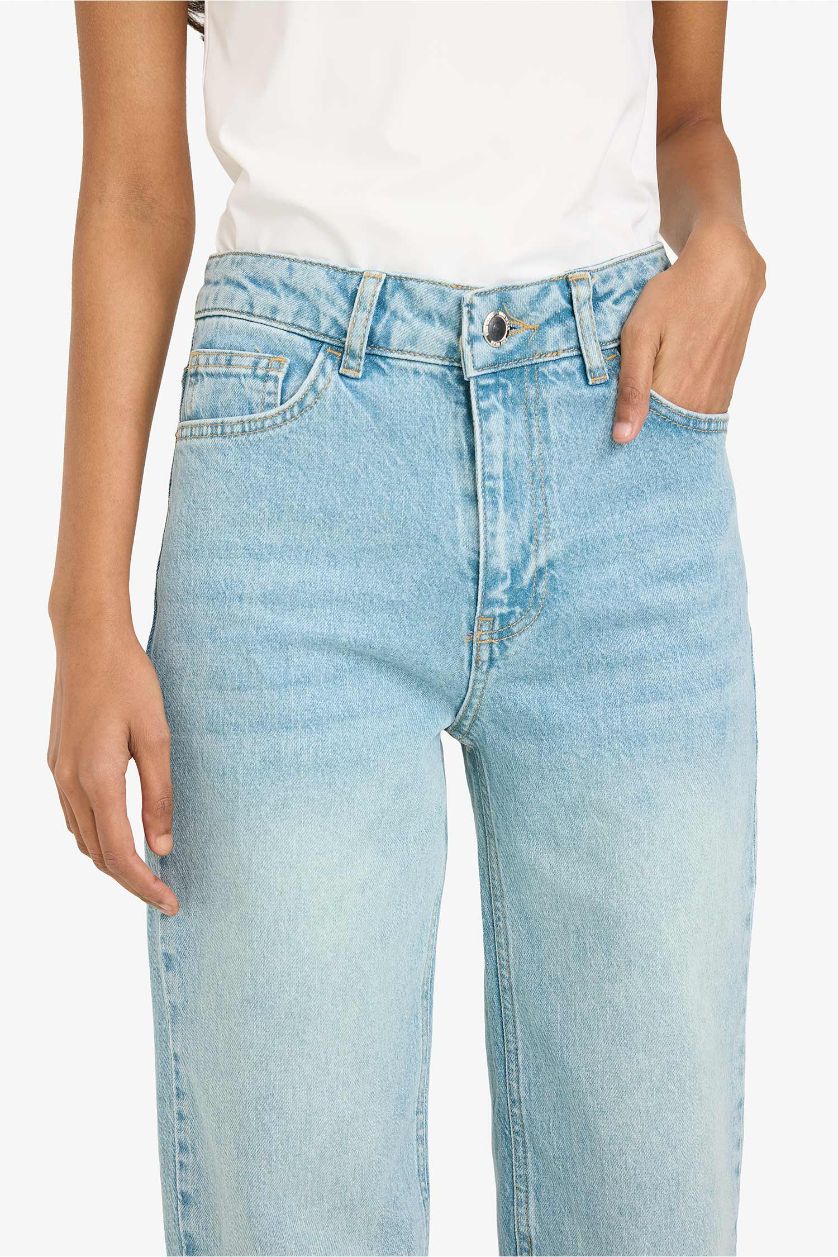 Kadın Mavi Comfort Straıght Normal Bel Bilek Boy Jean Yıkamalı Pantolon