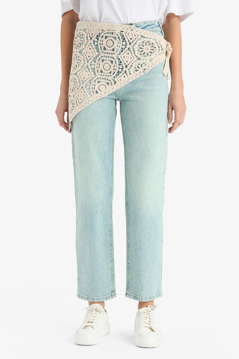 WOMAN Blue Comfort Straight Regular Waist Embroidered Ankle Length Jeans