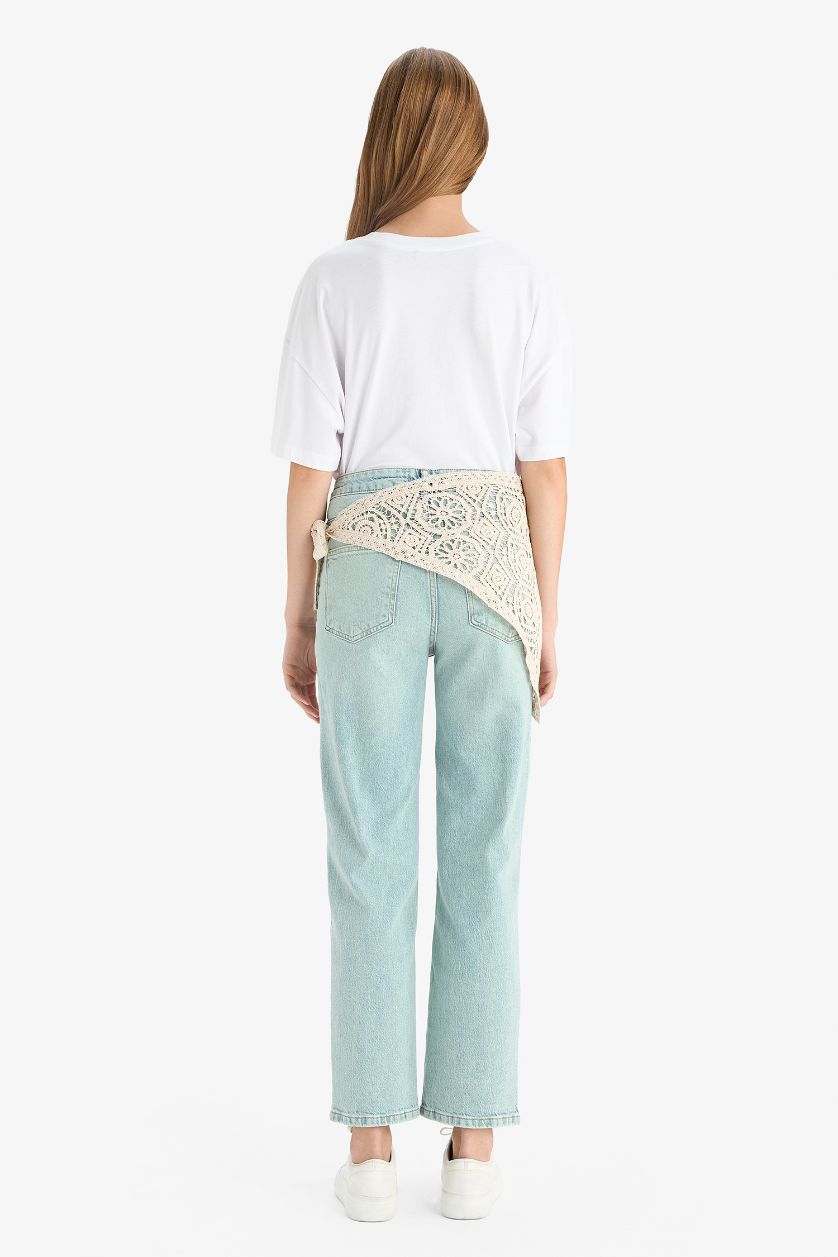 WOMAN Blue Comfort Straight Regular Waist Embroidered Ankle Length Jeans