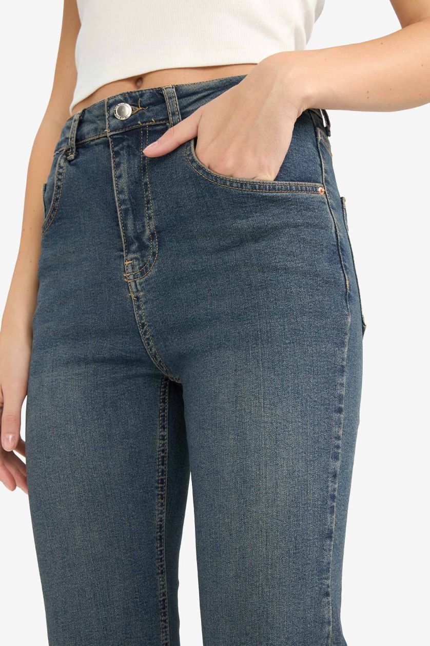 WOMAN Dark Blue Crop Flare Fit Low Waist Ankle Length Washed Jeans