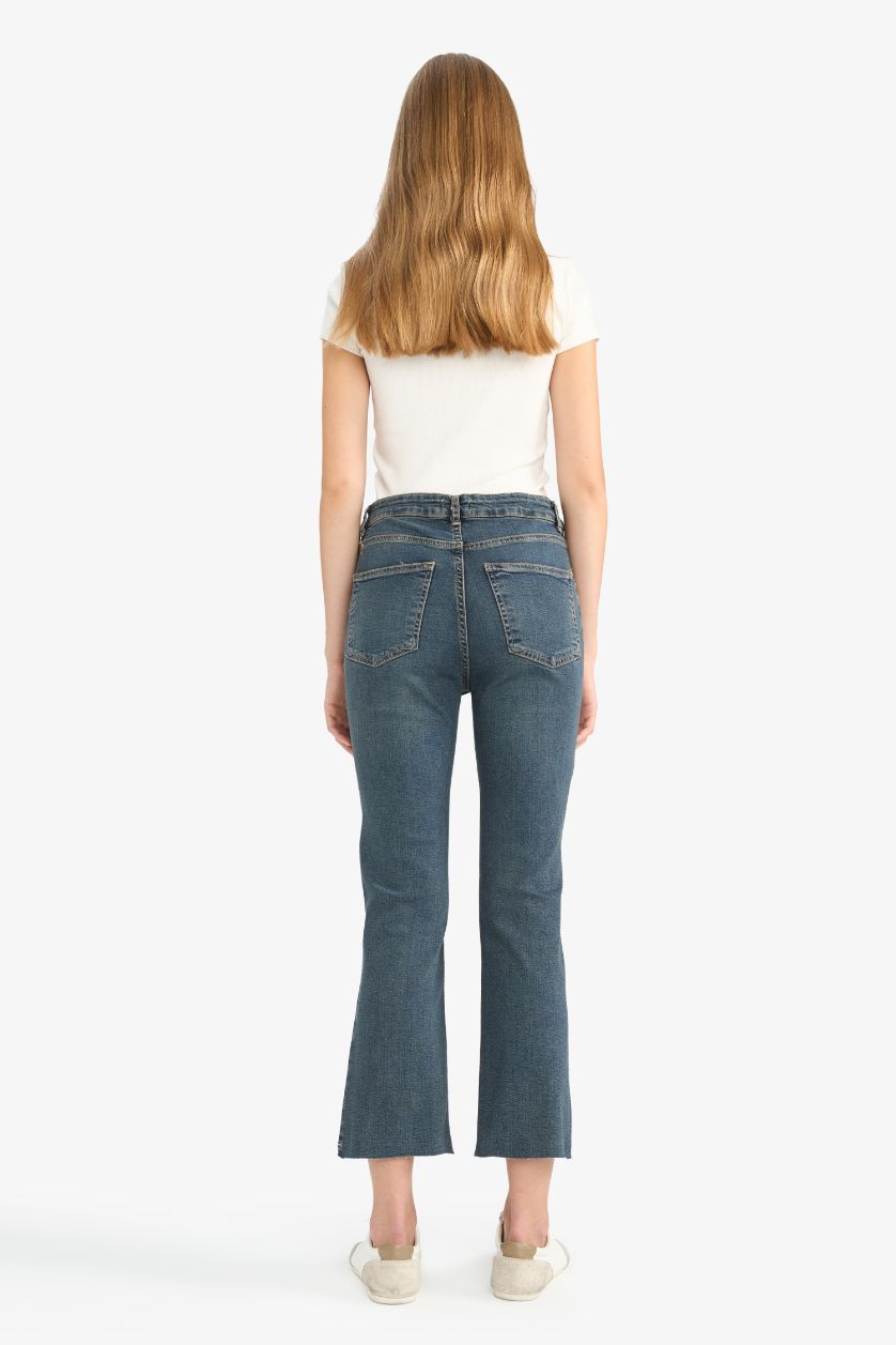 WOMAN Dark Blue Crop Flare Fit Low Waist Ankle Length Washed Jeans