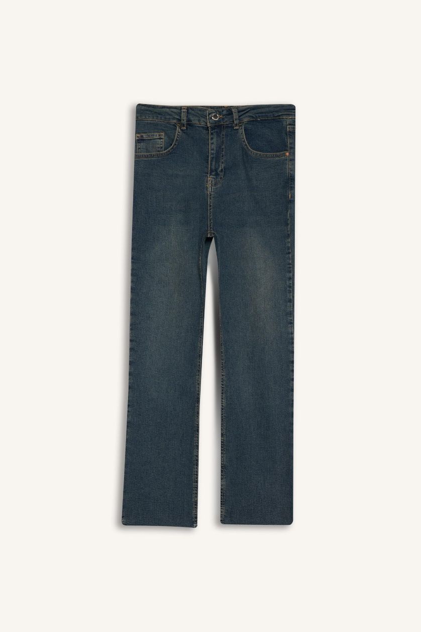 WOMAN Dark Blue Crop Flare Fit Low Waist Ankle Length Washed Jeans