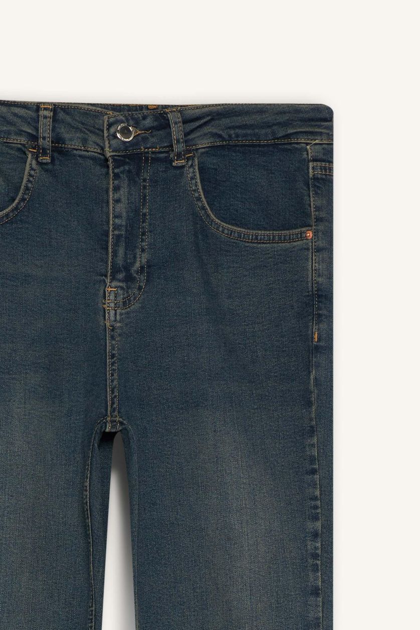 WOMAN Dark Blue Crop Flare Fit Low Waist Ankle Length Washed Jeans