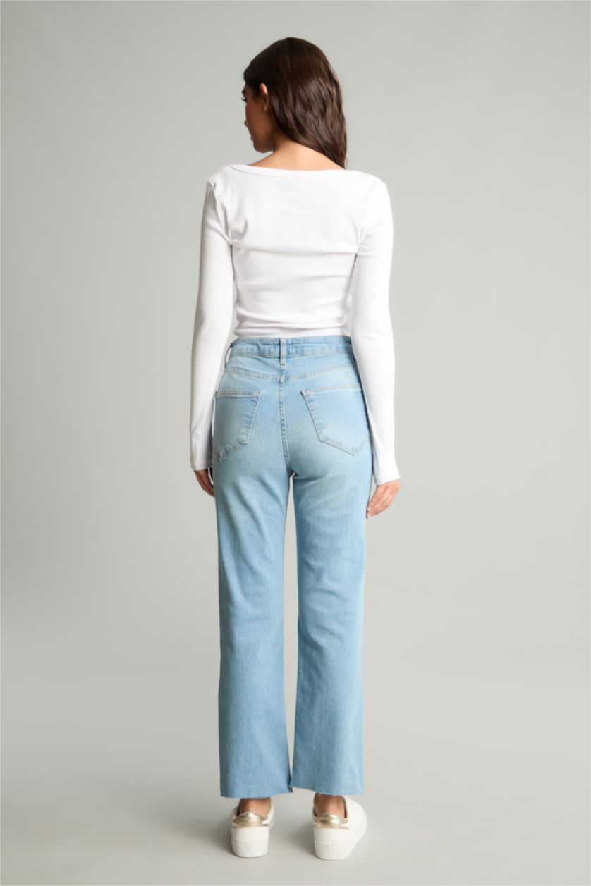 Kadın Mavi Yüksek Bel Bilek Boyu Crop Kesim Jean Pantolon