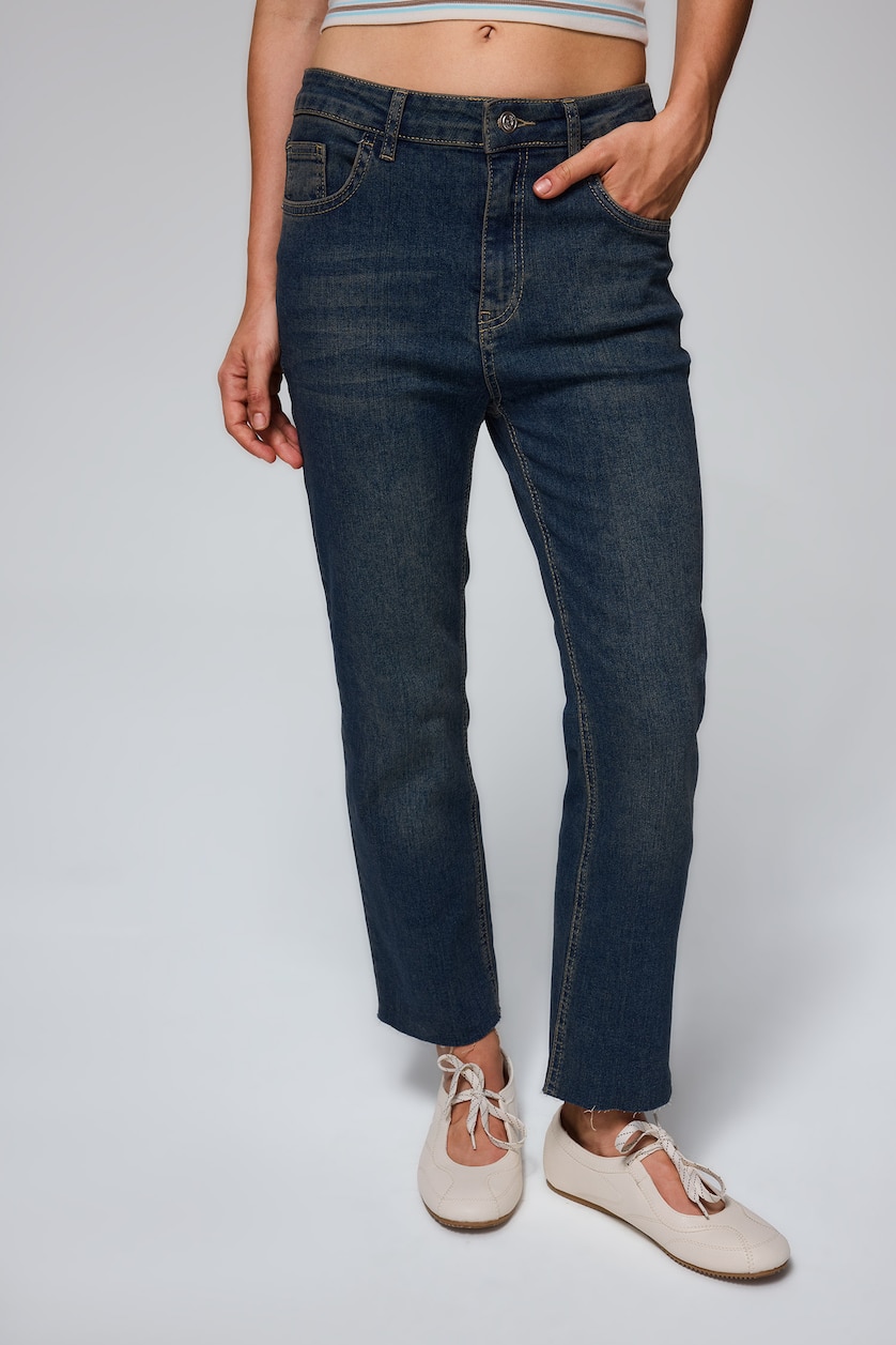 WOMAN Dark Blue Crop Flare Fit High Waist Ankle Length Jeans