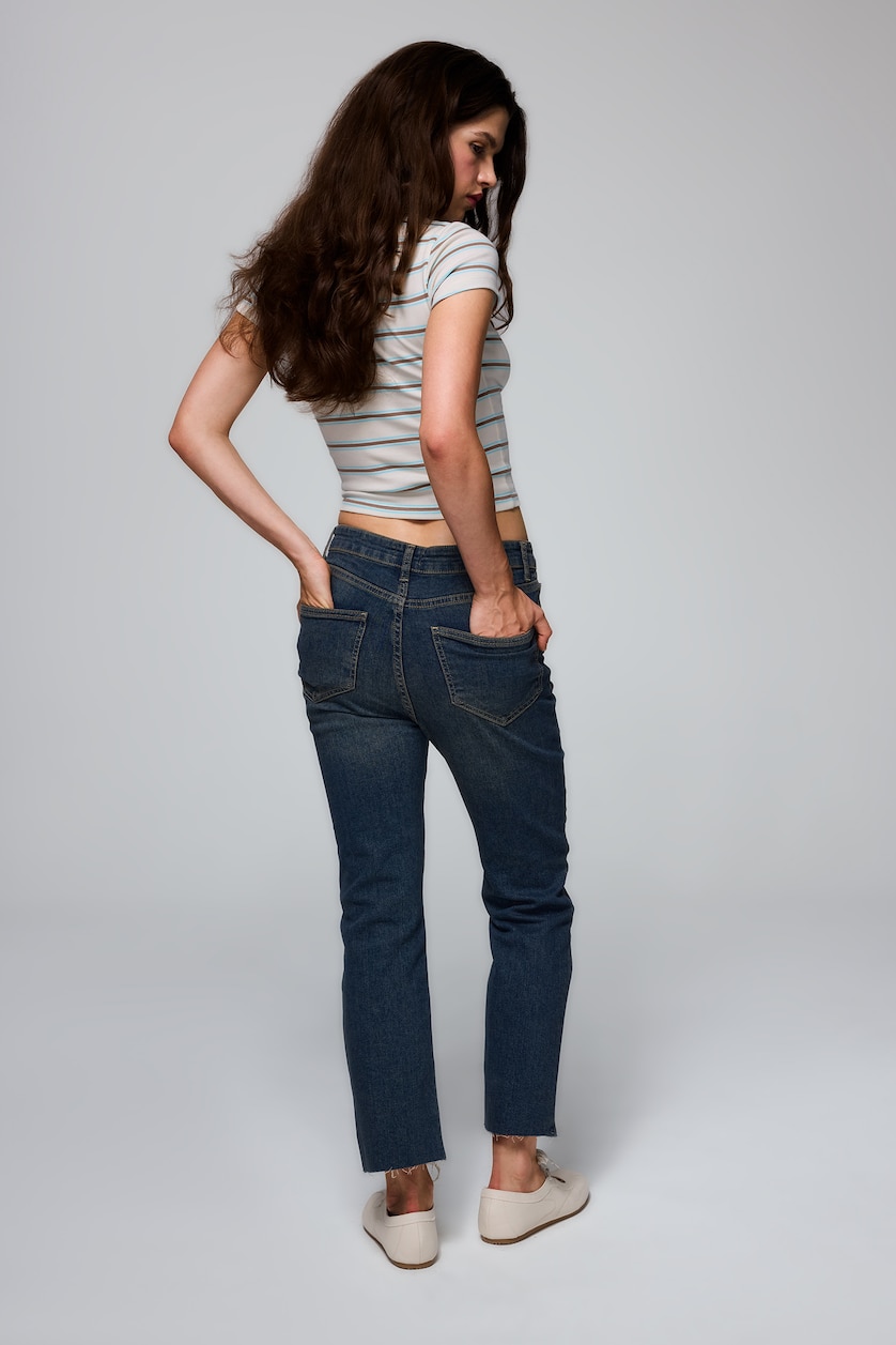 WOMAN Dark Blue Crop Flare Fit High Waist Ankle Length Jeans