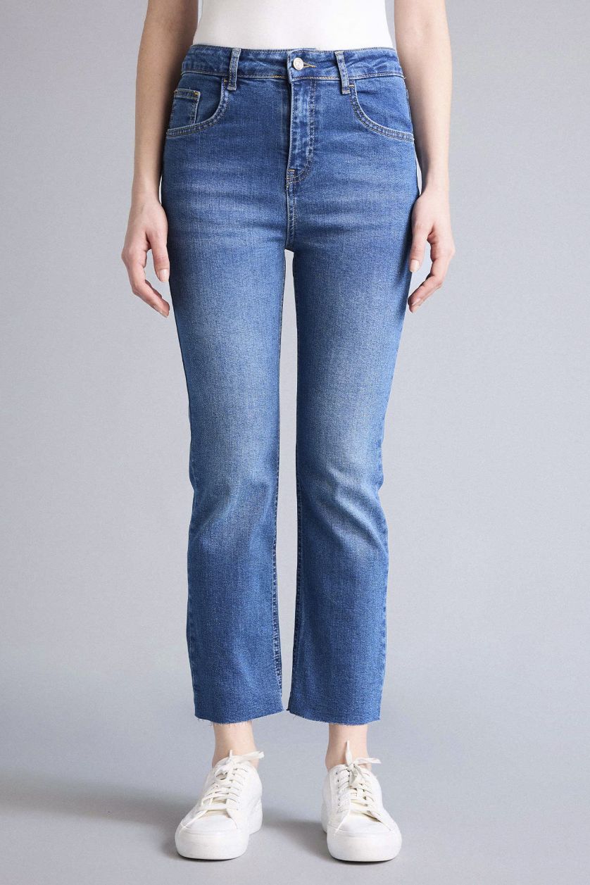 FEMME Bleu Jean évasé court à taille basse effet délavé