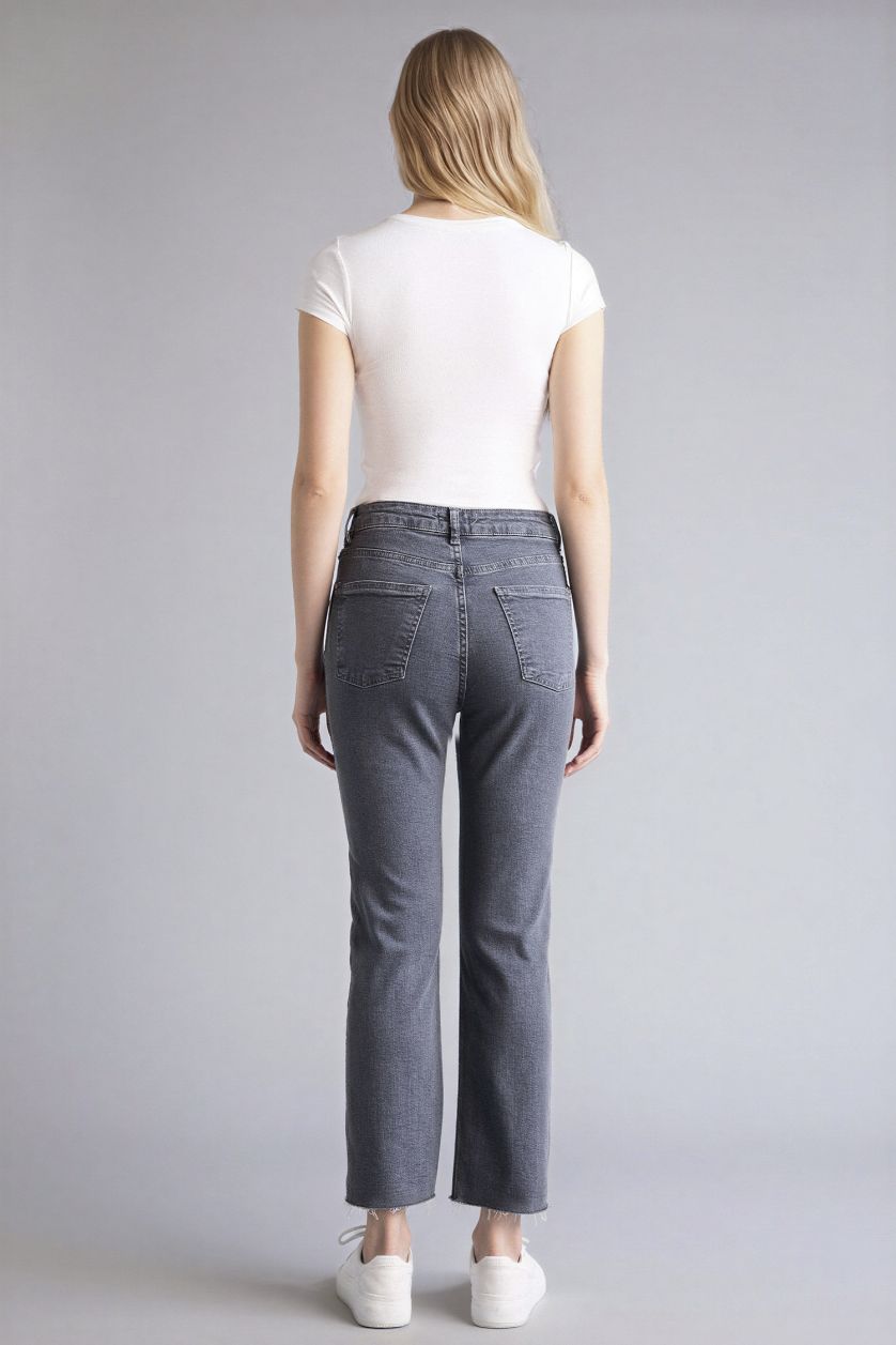 Kadın Gri Crop Flare Fıt Yüksek Bel Jean Pantolon