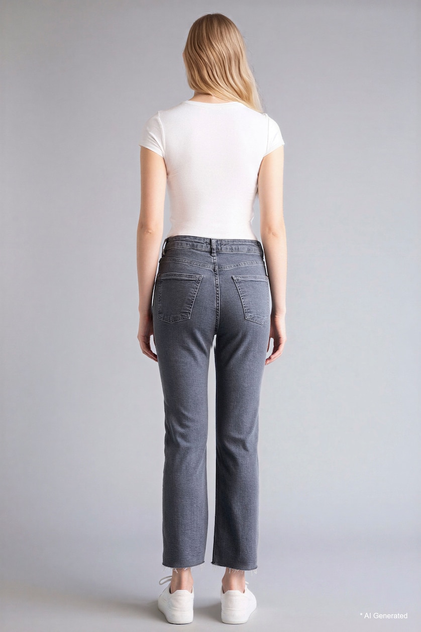 Kadın Gri Crop Flare Fit Orta Bel Jean