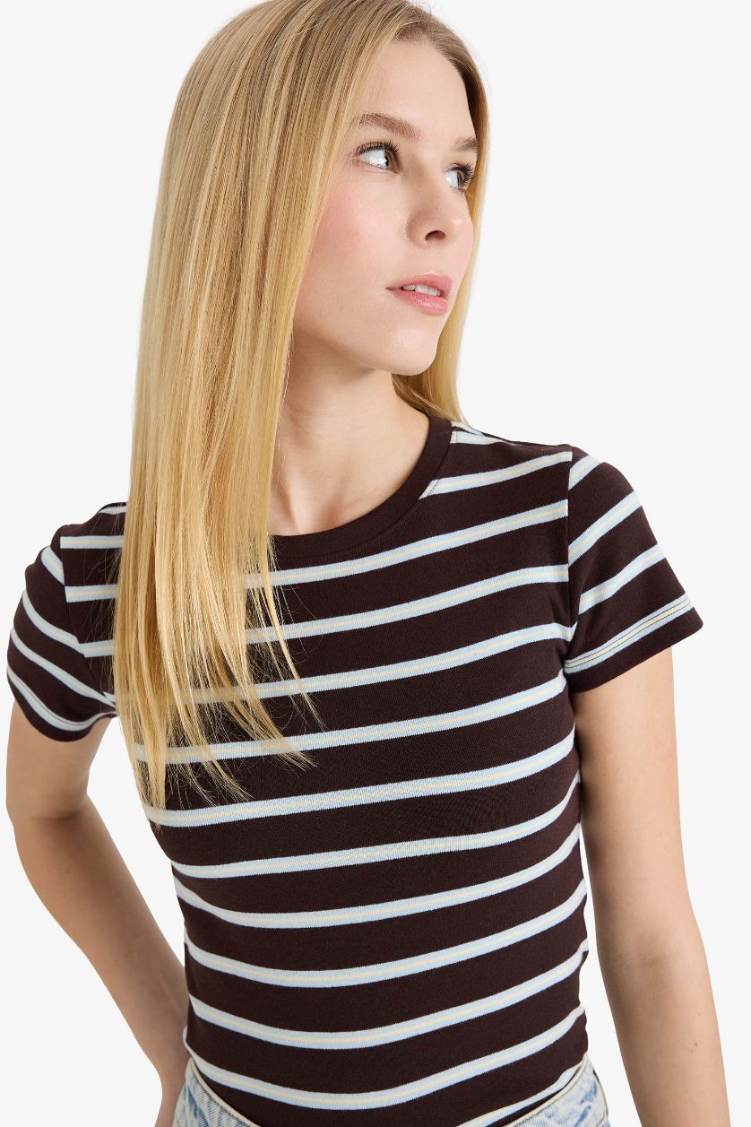 WOMAN Brown Fitted Short Sleeved Ribbed T-shirt