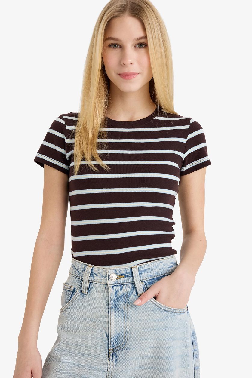 WOMAN Brown Fitted Short Sleeved Ribbed T-shirt