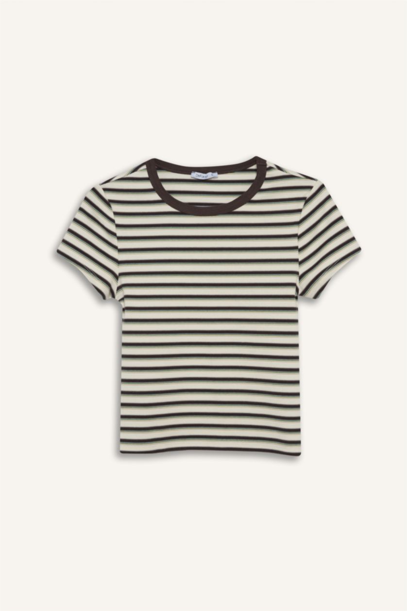 Kadın Kırık Beyaz Fıtted Bisiklet Yaka Ribana Kısa Kollu Tişört