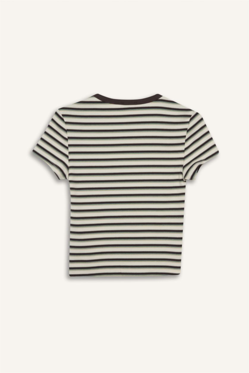 Kadın Kırık Beyaz Fıtted Bisiklet Yaka Ribana Kısa Kollu Tişört