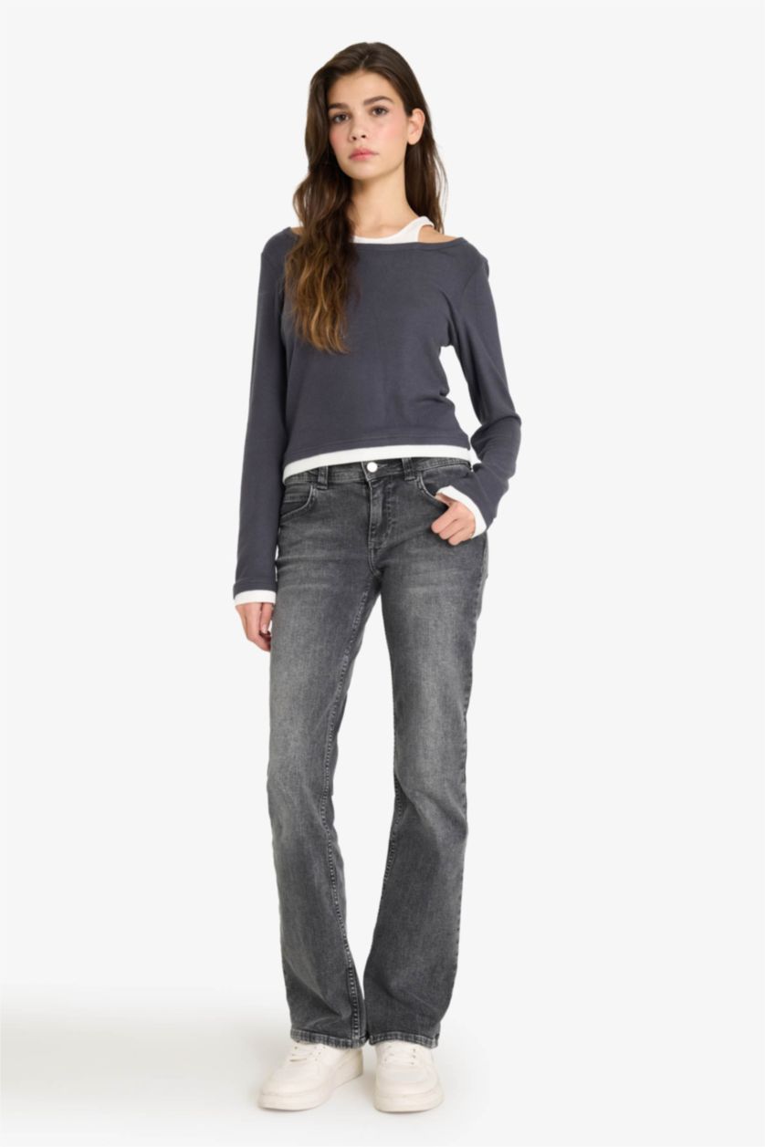 Әйелдерге Антрацит Fitted дөңгелек жағалы ұзын жеңді футболка