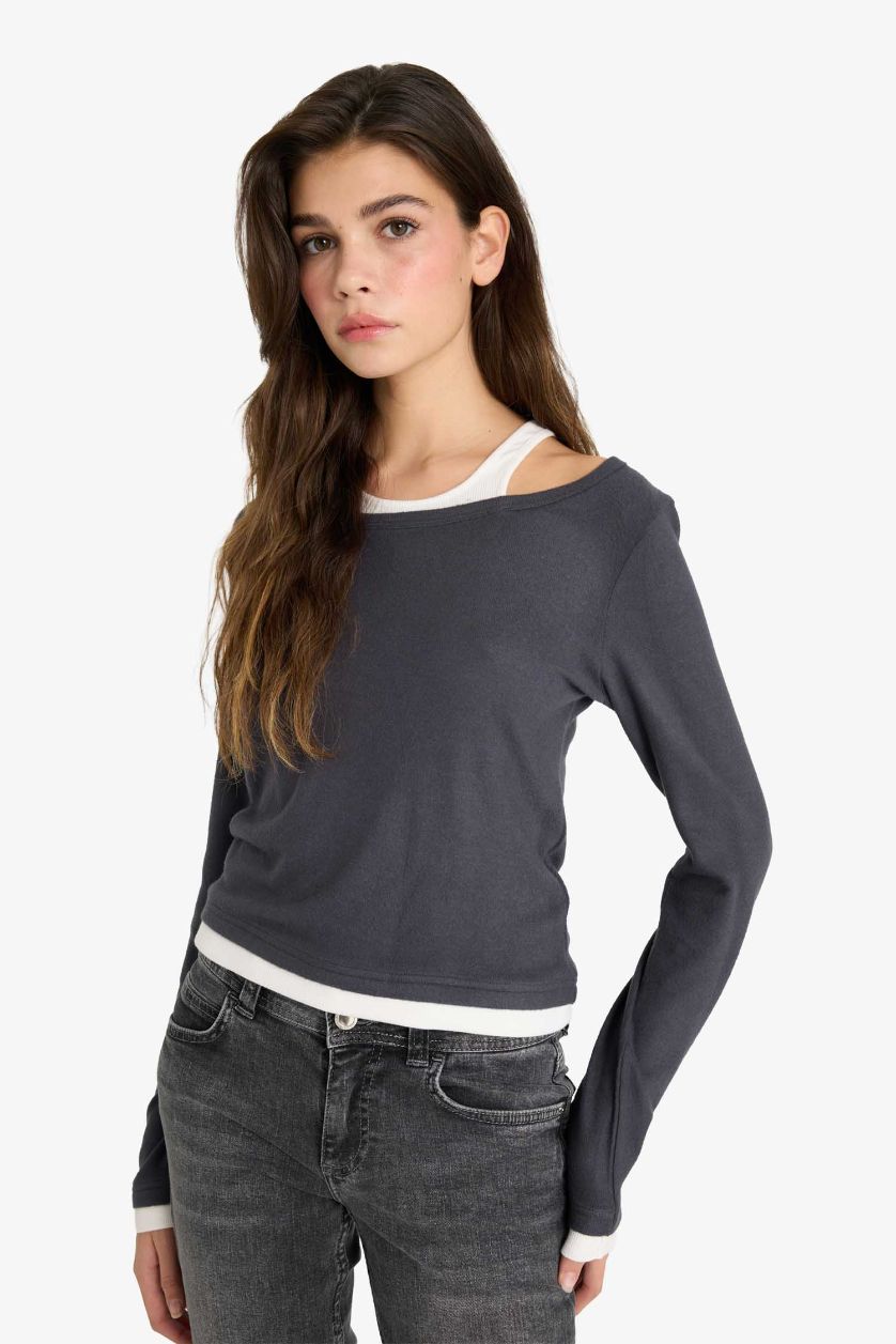 Әйелдерге Антрацит Fitted дөңгелек жағалы ұзын жеңді футболка