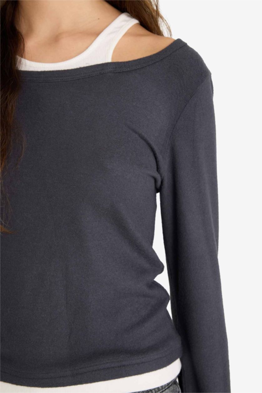 Әйелдерге Антрацит Fitted дөңгелек жағалы ұзын жеңді футболка