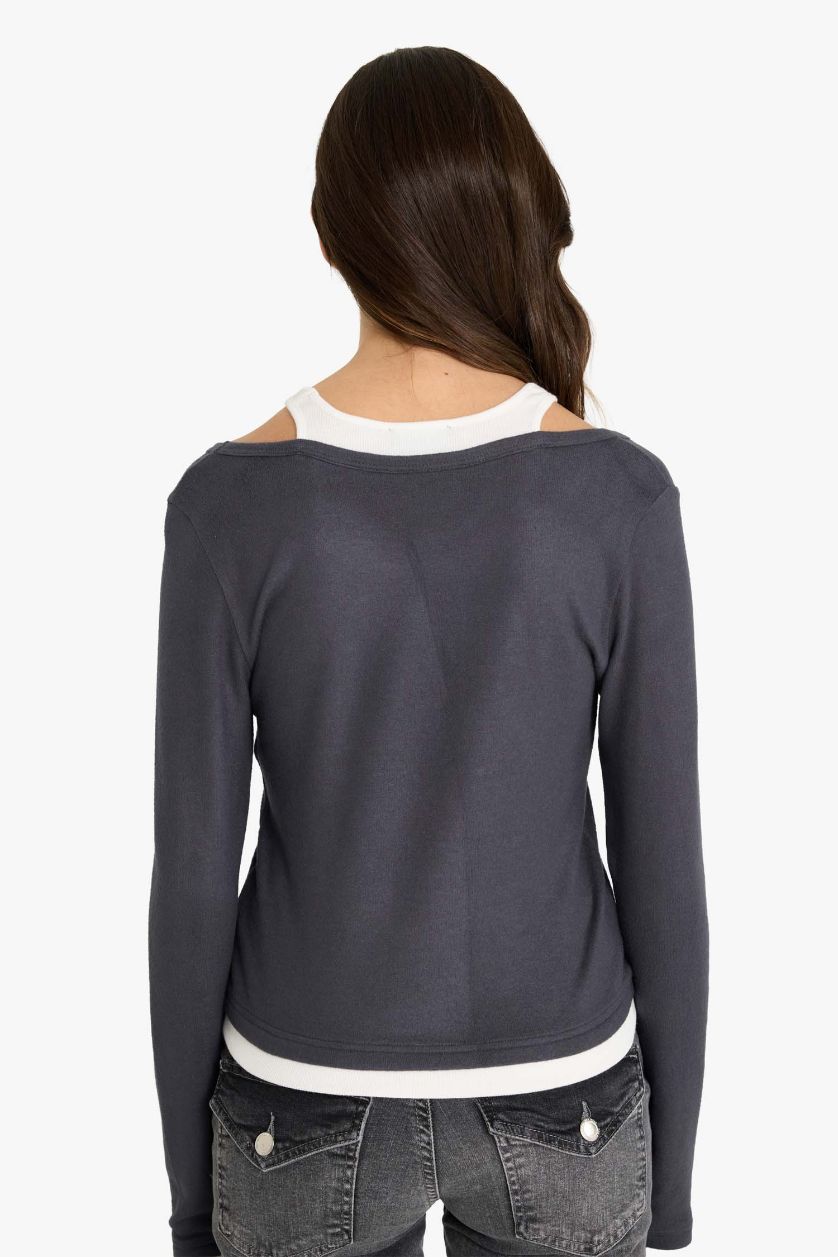 Әйелдерге Антрацит Fitted дөңгелек жағалы ұзын жеңді футболка