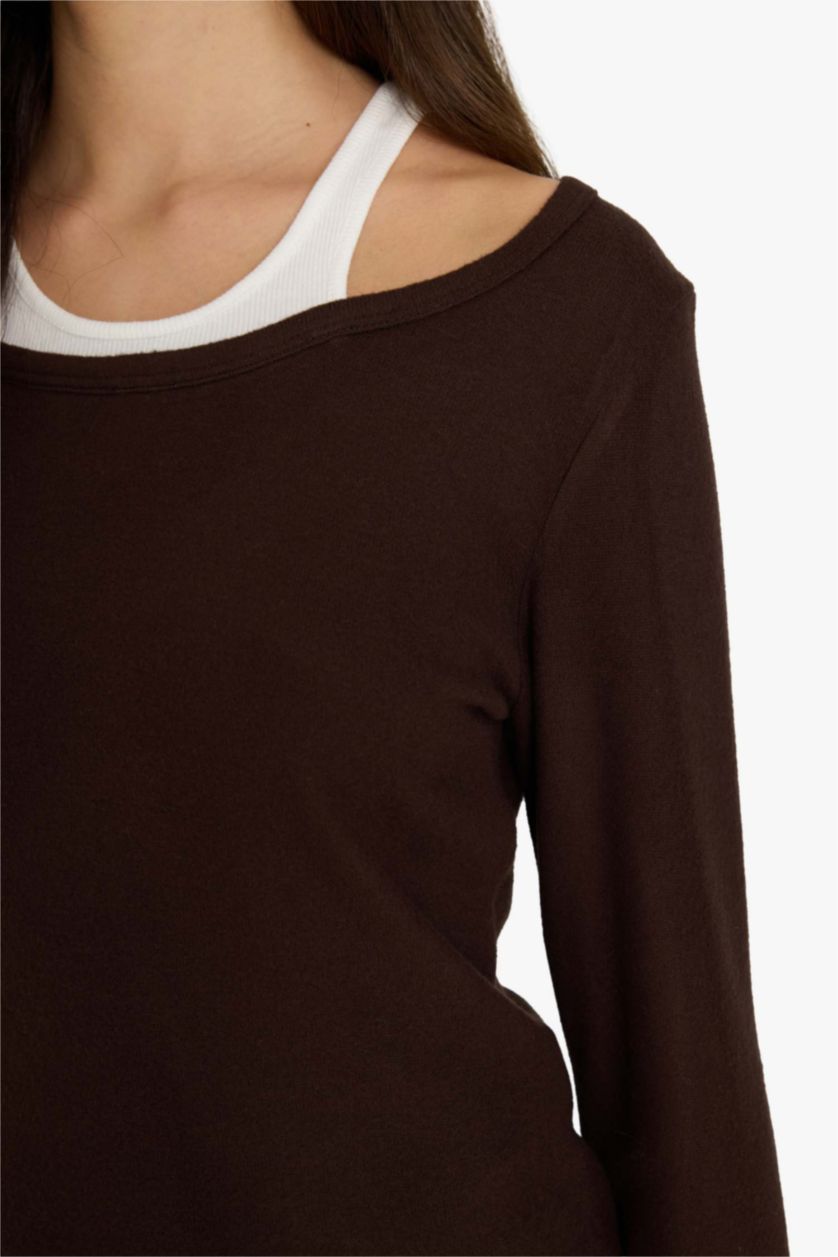 Әйелдерге Қоңыр Fitted дөңгелек жағалы ұзын жеңді футболка