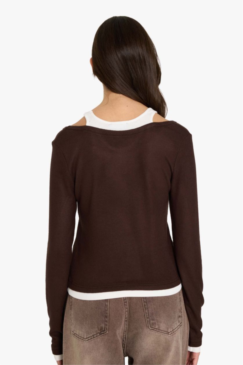 Әйелдерге Қоңыр Fitted дөңгелек жағалы ұзын жеңді футболка