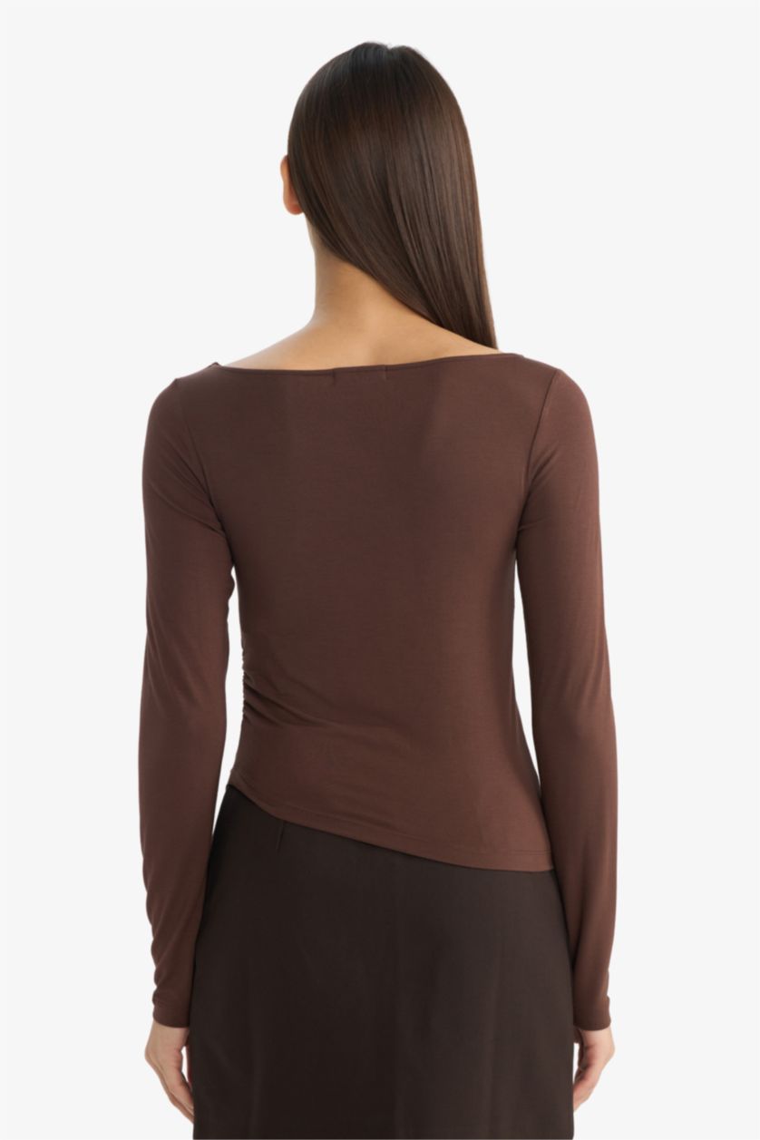 Әйелдерге Қоңыр Fitted қайық жағалы ұзын жеңді футболка