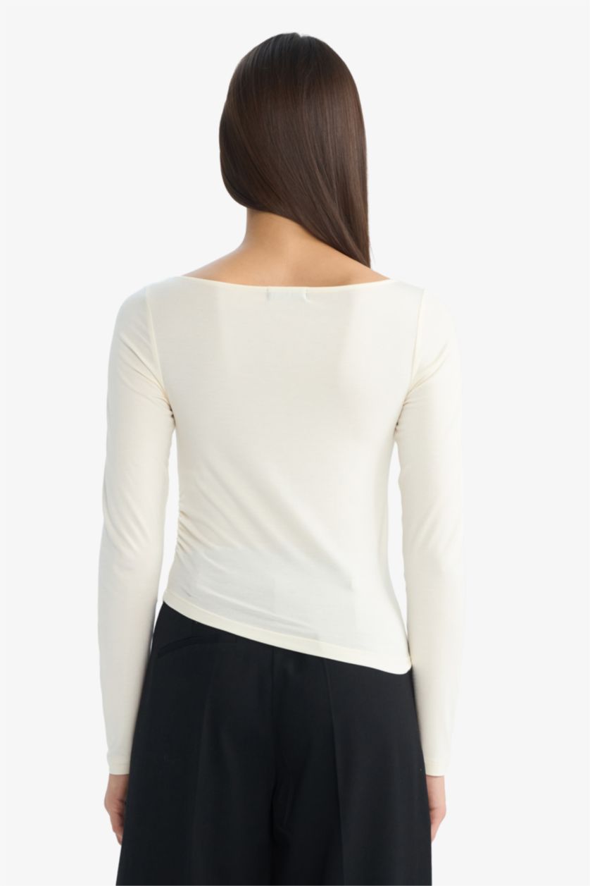 Женщины Бежевый Лонгслив Fitted с вырезом лодочкой