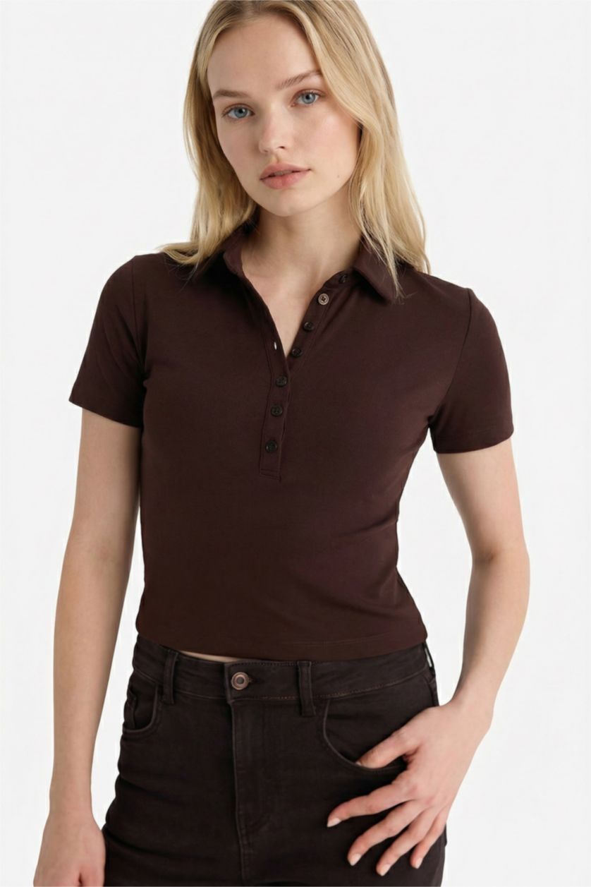 Woman Brown Fitted Printed Short Sleeves T-shirt